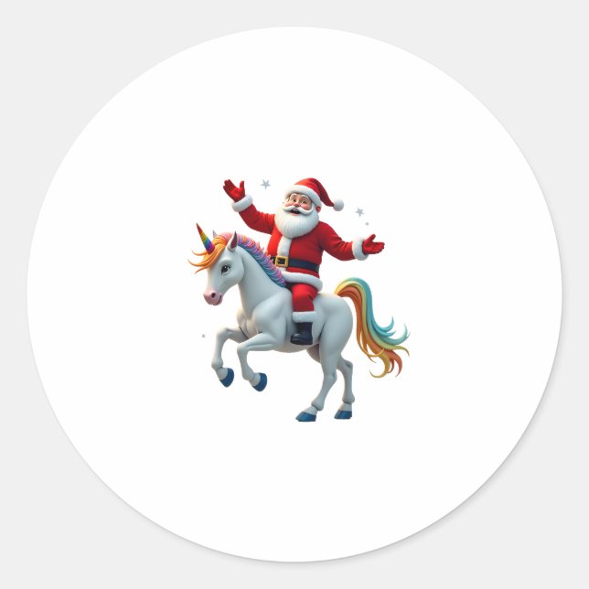 Christmas Santa Riding Unicorn Xmas Girls Women Ra Classic Round Sticker (Front)