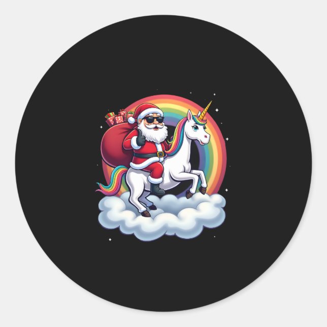 Christmas Santa Riding Unicorn Xmas Girls Women Ra Classic Round Sticker (Front)