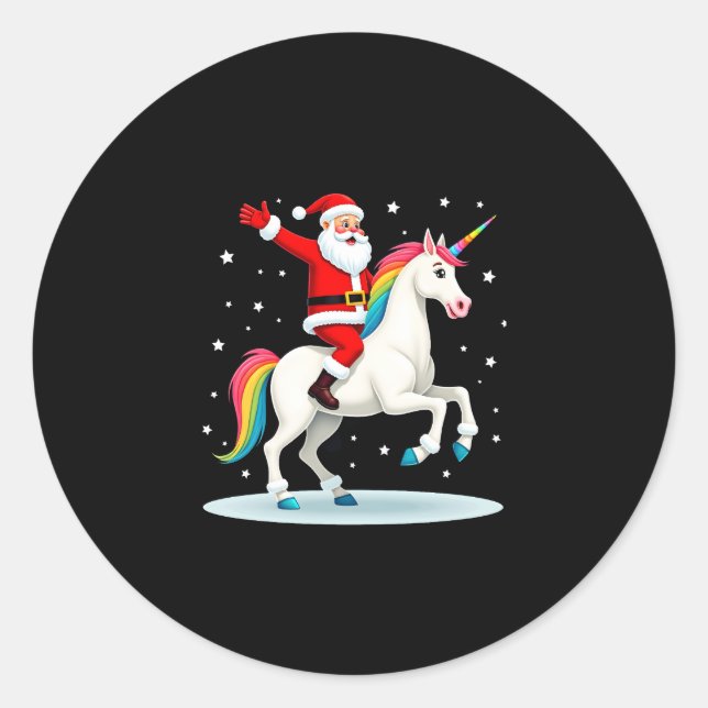 Christmas Santa Riding Unicorn Xmas Girls Women Ra Classic Round Sticker (Front)