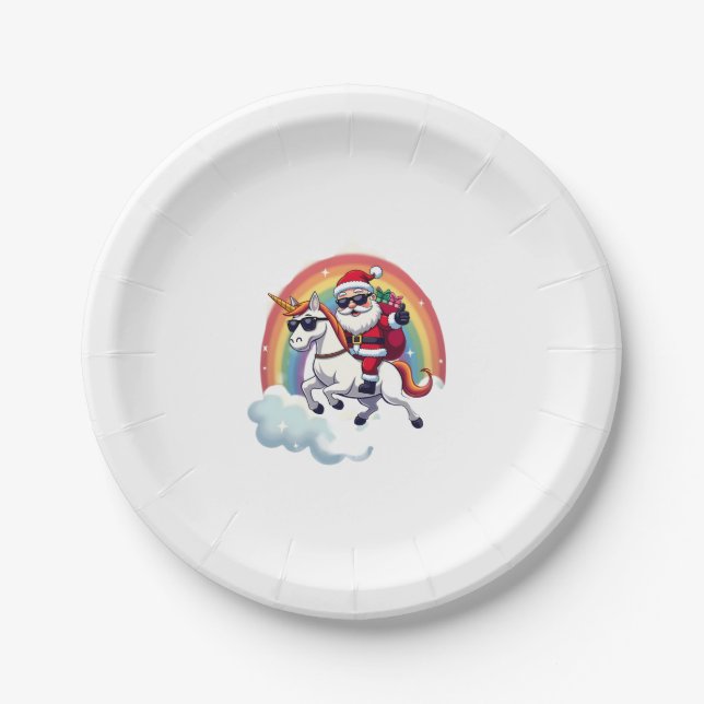 Christmas Santa Riding Unicorn Xmas Girls Women Ra Paper Plate (Front)