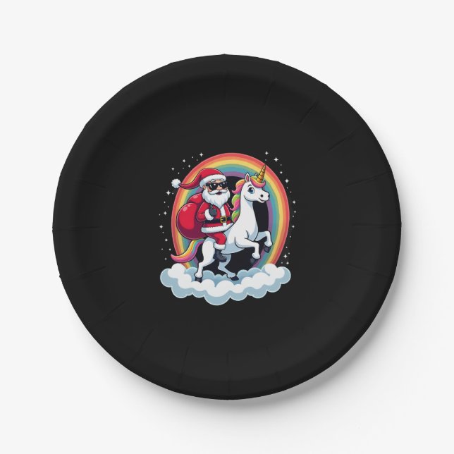 Christmas Santa Riding Unicorn Xmas Girls Women Ra Paper Plate (Front)