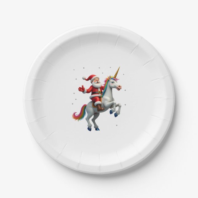 Christmas Santa Riding Unicorn Xmas Girls Women Ra Paper Plate (Front)