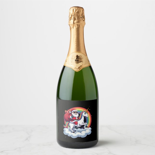 Christmas Santa Riding Unicorn Xmas Girls Women Ra Sparkling Wine Label (Front)