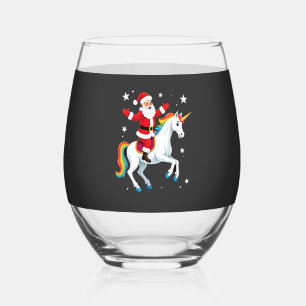 Christmas Santa Riding Unicorn Xmas Girls Women Ra Stemless Wine Glass