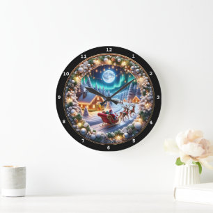 Christmas Santa’s Sleigh with Festive Winter Scene Large Clock