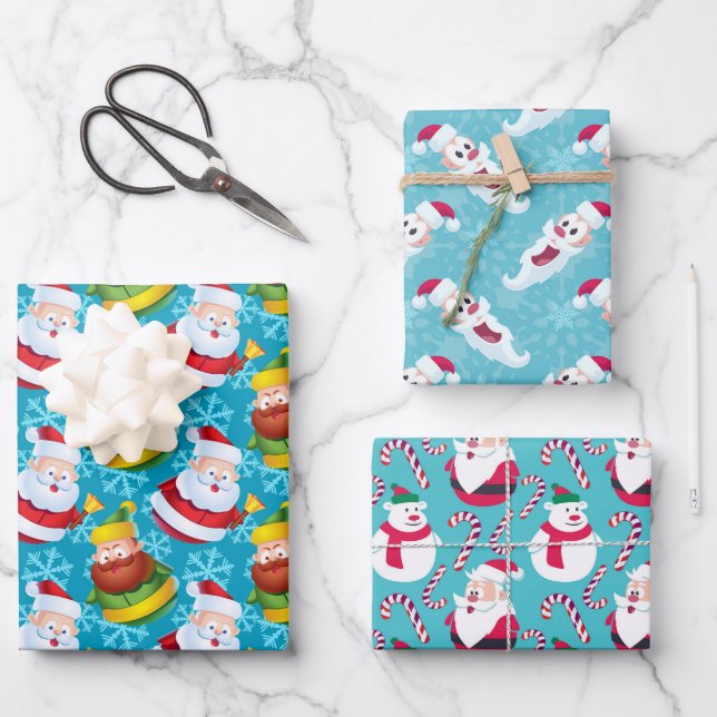 Christmas Santa’s with Aqua Background  Wrapping Paper Sheet (Front)