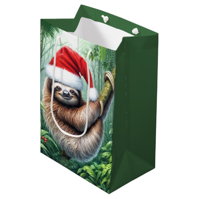 Christmas Santa Sloth In Rainforest Medium Gift Bag (Front Angled)