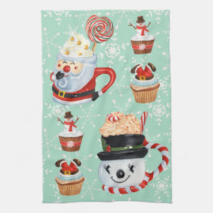 Christmas Santa & Snowman Hot Cocoa & Cupcakes  Kitchen Towel