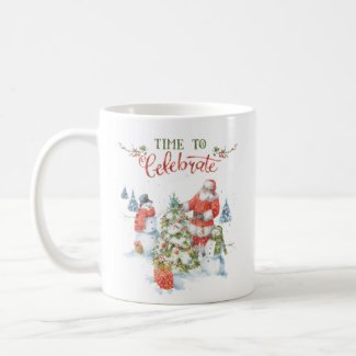 Christmas Santa Snowmen Celebrate Watercolor Coffee Mug