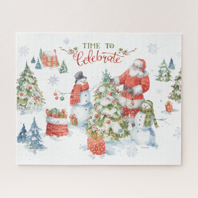 Christmas Santa Snowmen Celebrate Watercolor Jigsaw Puzzle (Horizontal)