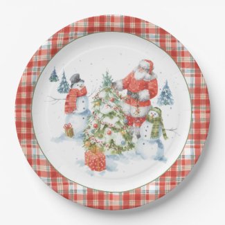 Christmas Santa Snowmen Plaid Watercolor Paper Plate