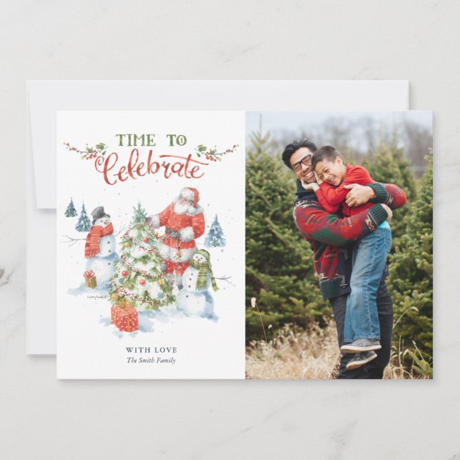 Christmas Santa Snowmen Snowflake Watercolor Photo Holiday Card (Front)