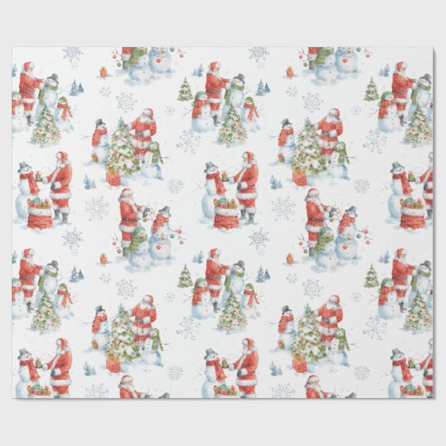 Christmas Santa Snowmen Watercolor Wrapping Paper (Flat)