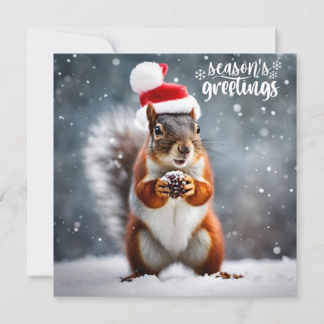 Christmas Santa Squirrel with Pinecone  Holiday Card (Front)