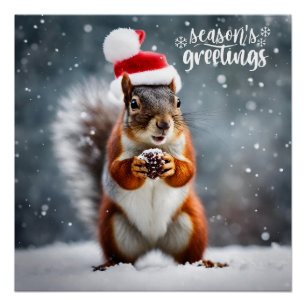 Christmas Santa Squirrel with Pinecone Poster