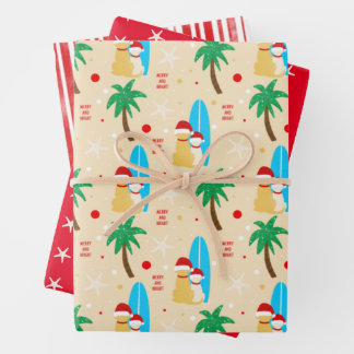 Christmas Santa Surfing Dogs Tan Gift Wrap Set 3
