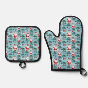 Christmas Santa Tropical Beach Oven Mitt & Pot Holder Set