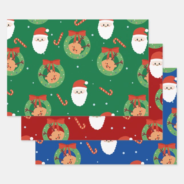 Christmas Santa with Friends and Candy Canes Wrapping Paper Sheet (Set)