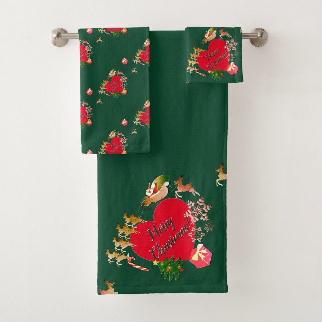 Christmas Santa's Reindeer Green Bath Towel Set (Insitu)
