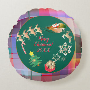 Christmas Santa's Reindeer Plaid Paper Plate Round Pillow