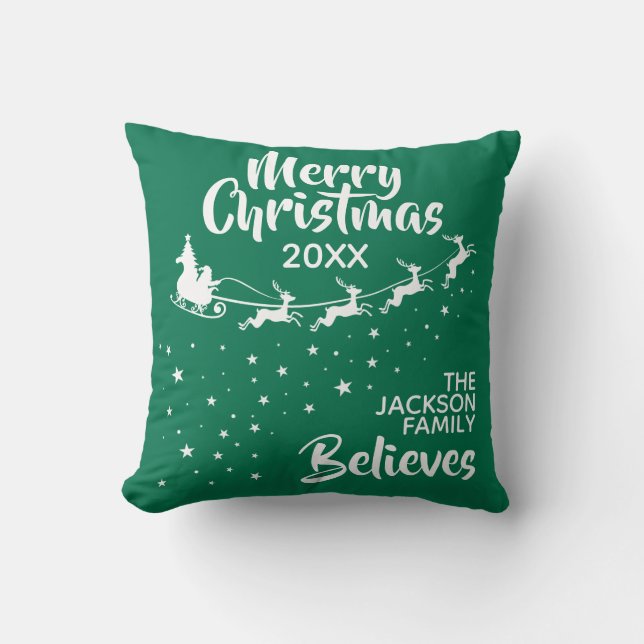 Christmas Santa's sleigh reindeer believe Throw Pillow (Front)