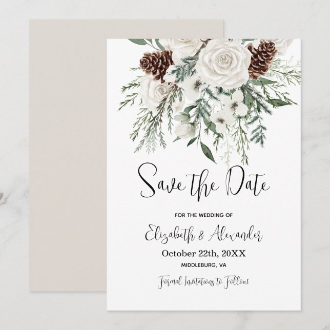 Christmas Save The Date Pine Floral Winter Wedding Invitation (Front/Back)