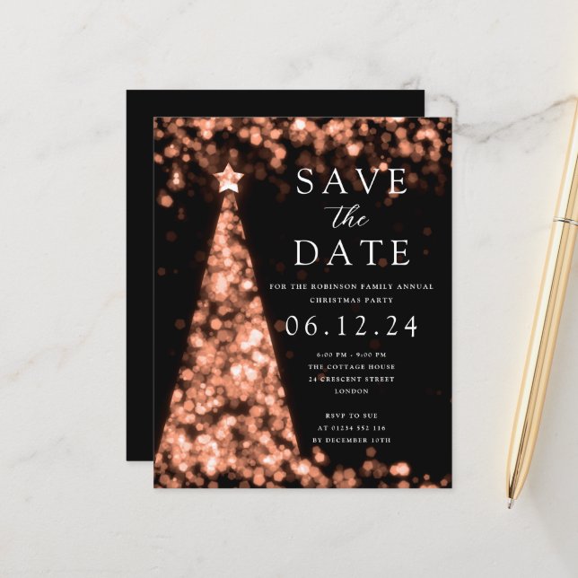 Christmas Save The Date Rose Gold Tree Invite (Front/Back In Situ)