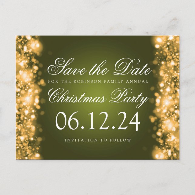 Christmas Save The Date Sparkling Gold Green Announcement Postcard (Front)
