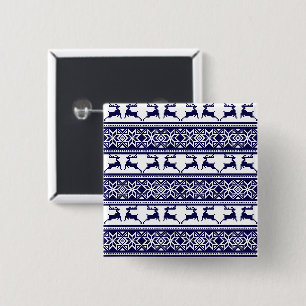 Christmas, Scandinavian Folk Blue and White 2 Inch Square Button