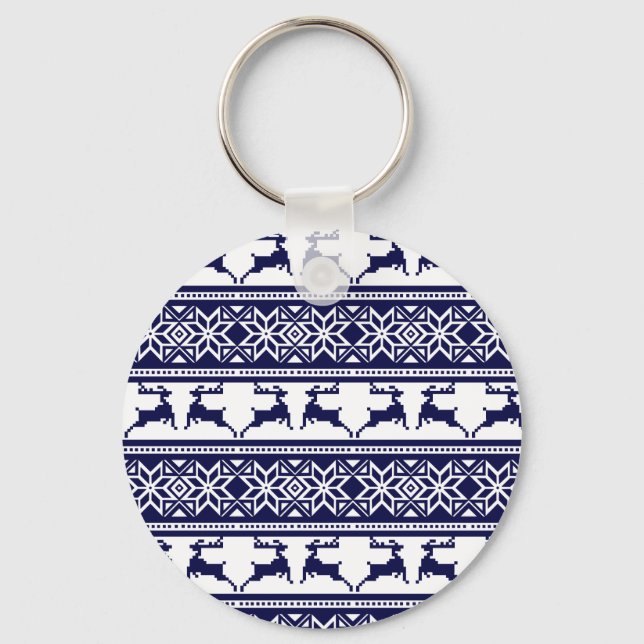 Christmas, Scandinavian Folk Blue and White Keychain (Front)