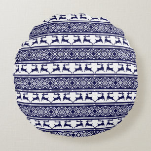 Christmas, Scandinavian Folk Blue and White Round Pillow