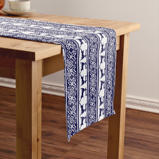 Christmas, Scandinavian Folk Blue and White Short Table Runner (In Situ)