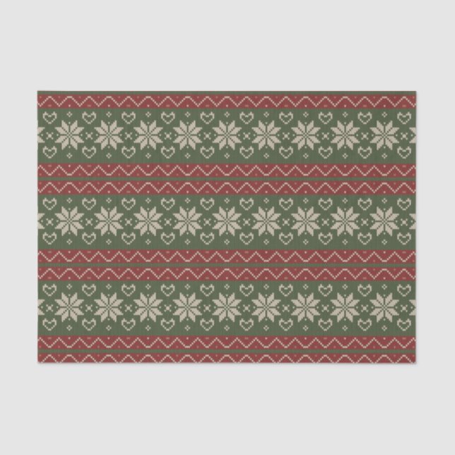 Christmas Scandinavian Knit Red Green Hearts Tissue Paper (Front)