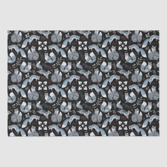 Christmas Scandinavian Nordic Grey Fox on Black Tissue Paper (Front)