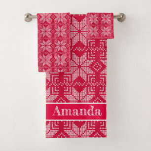 Christmas, Scandinavian, red, white, snowflakes Bath Towel Set