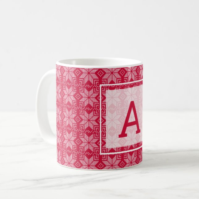 Christmas, Scandinavian, red, white, snowflakes, Coffee Mug (Front Left)