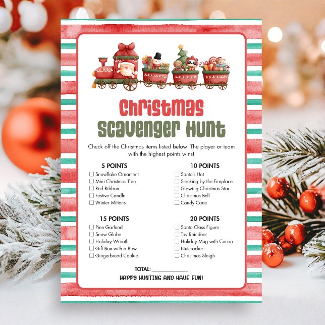 Christmas Scavenger Hunt Game Holiday Card (Christmas Game Card)