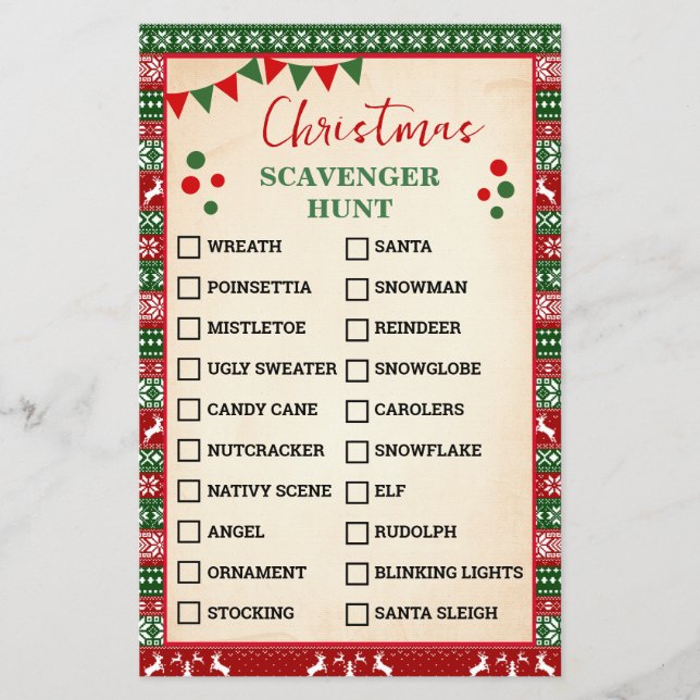 Christmas Scavenger Hunt Game Ugly Sweater Card (Front)