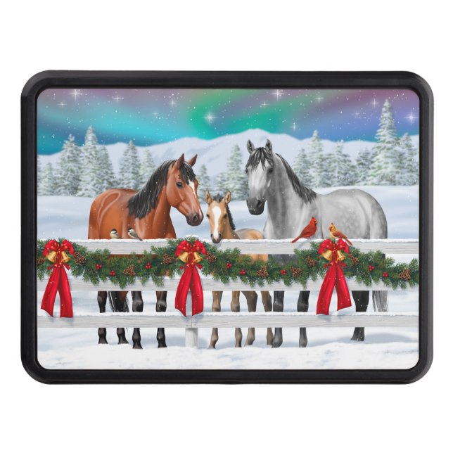 Christmas Scene Bay Buckskin Dapple Grey Horses Trailer Hitch Cover (Front)