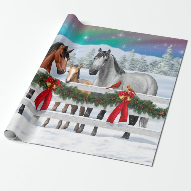 Christmas Scene Bay Buckskin Dapple Grey Horses Wrapping Paper (Unrolled)