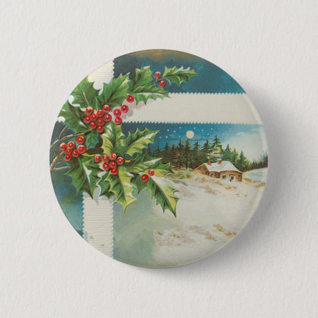 christmas scene holly snow winter artwork 2 inch round button (Front)