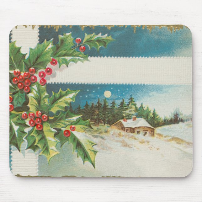christmas scene holly snow winter artwork mouse pad (Front)