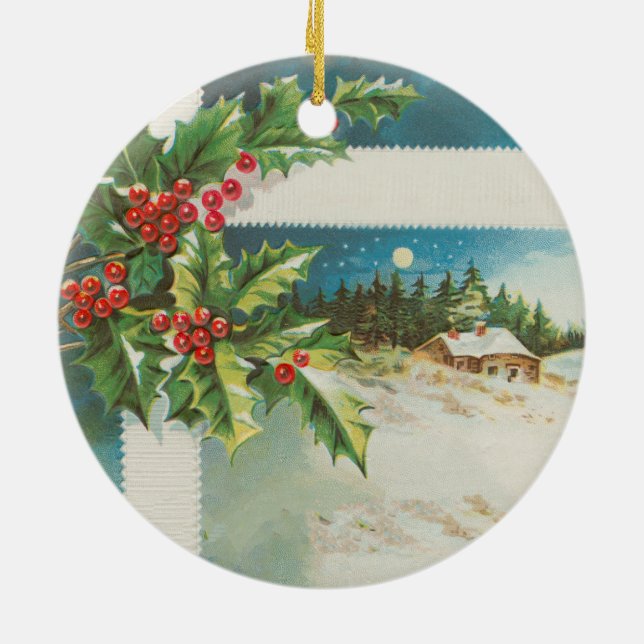 Christmas Scene Holly Snow Winter Ceramic Ornament (Back)