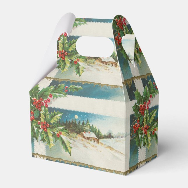 Christmas Scene Holly Snow Winter Favor Box (Front Side)