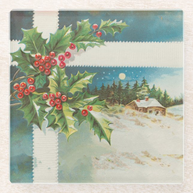 Christmas Scene Holly Snow Winter Glass Coaster (Front)