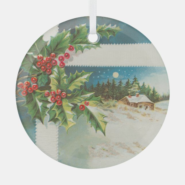 Christmas Scene Holly Snow Winter Glass Ornament (Front)