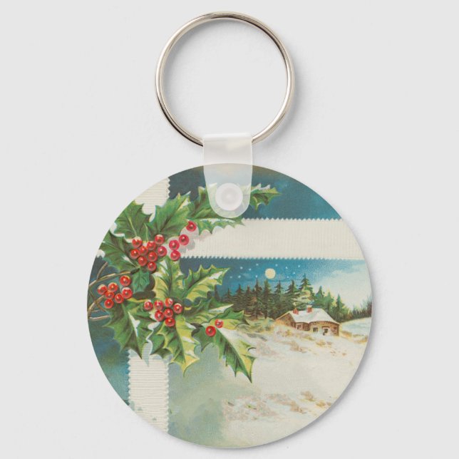 Christmas Scene Holly Snow Winter Keychain (Front)
