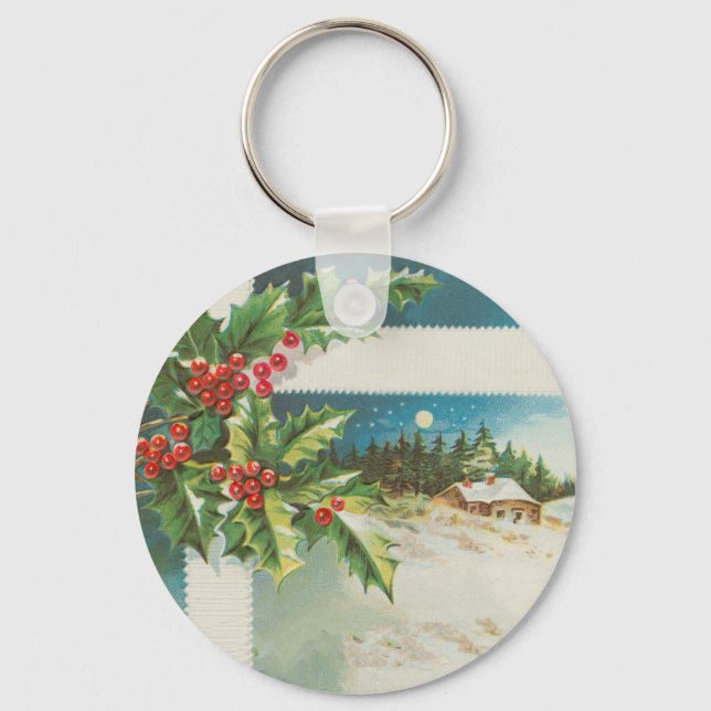 Christmas Scene Holly Snow Winter Keychain (Front)