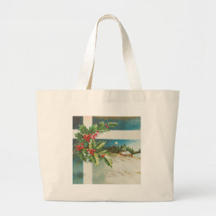 Christmas Scene Holly Snow Winter Large Tote Bag