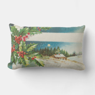 Christmas Scene Holly Snow Winter Lumbar Pillow